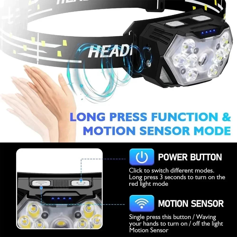 Lampe frontale USB rechargeable détecteur de mouvement 9 LED puissante pêche camping portable travail