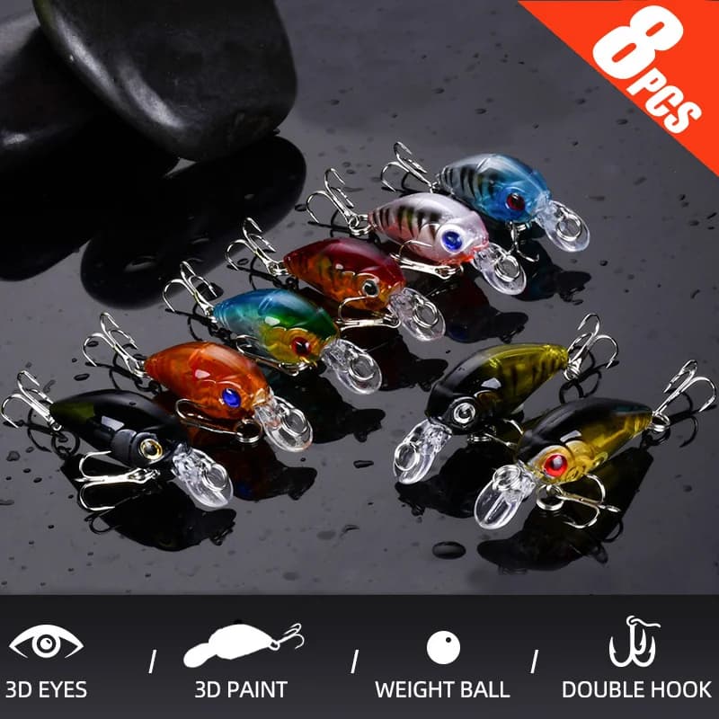 Kit de 8 leurres souples crankbait minnow pour pêche en surface, appâts artificiels flottants