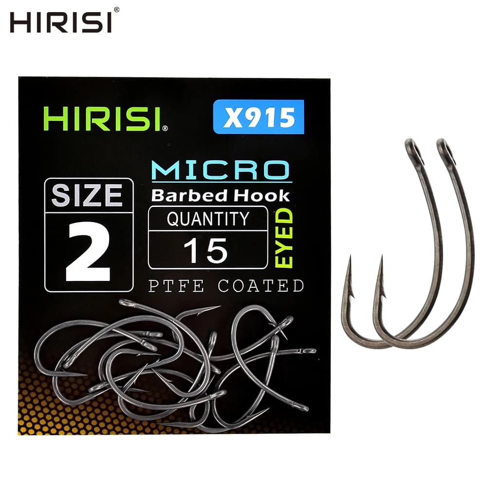 Hameçons carpe Hirisi X915 micro-barbe, acier haute teneur en carbone et revêtement PTFE, lot de 15