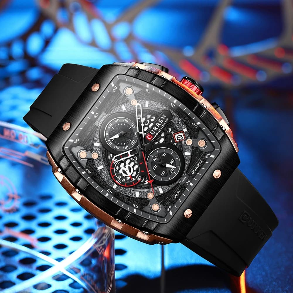 Montre homme Curren luxe chronographe quartz étanche lumineuse boîtier carré bracelet silicone montre de pêche