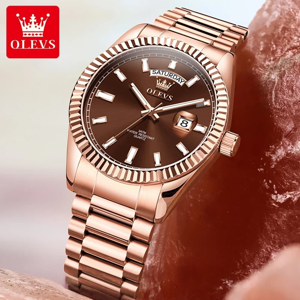 Montre homme luxe OLEVS étanche or rose acier inoxydable affichage date jour mouvement quartz