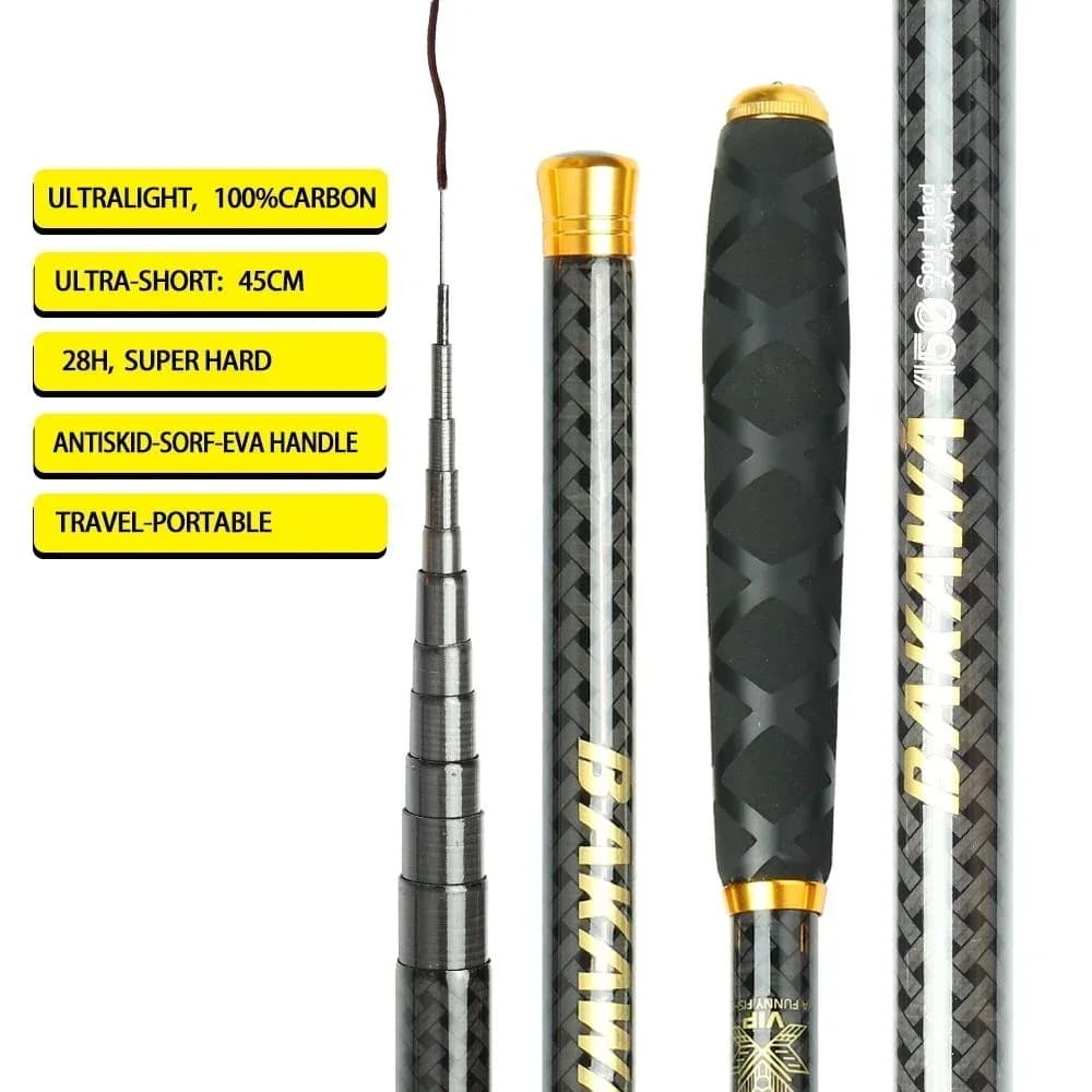 Canne à main télescopique ultralégère BAKAWA 3.6m à 7.2m carbone dur - Pêche carpe et rivière voyage