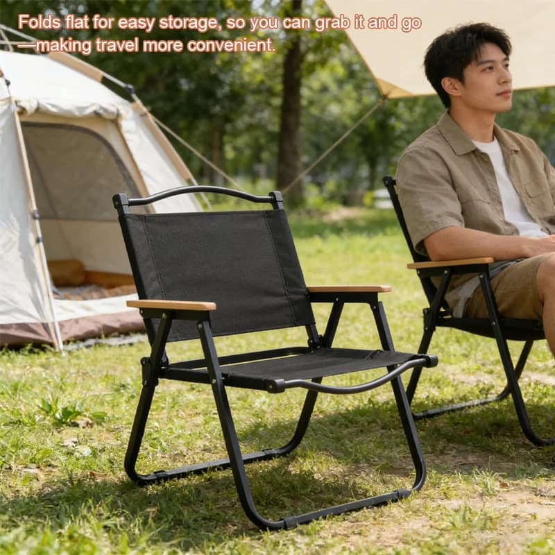 Chaise de camping pliante avec accoudoirs bois - Siège pêche style vintage pour plage et pique-nique