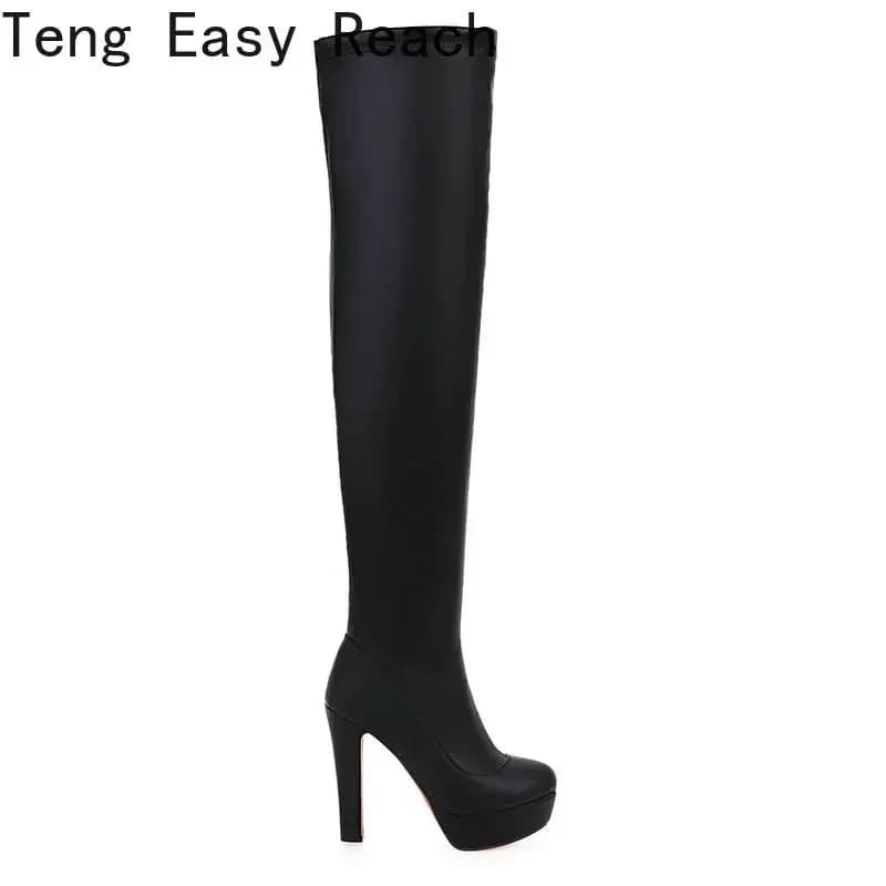 Bottes genou blanches plateforme femmes cuir PU stretch talon carré haut zip automne hiver pêche