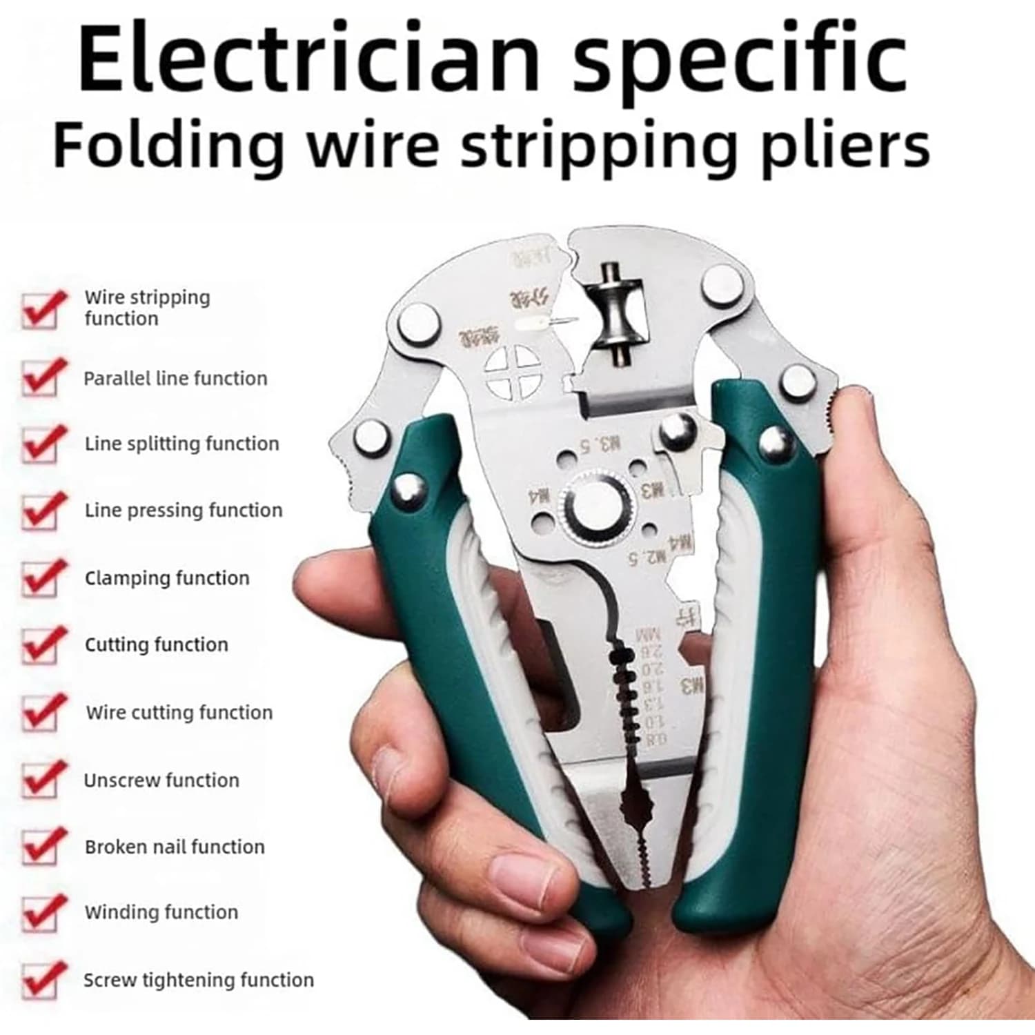 Pince multifonction pliable 18-en-1 pour pêche : dénudeuse, cintreuse et outil d'électricien professionnel