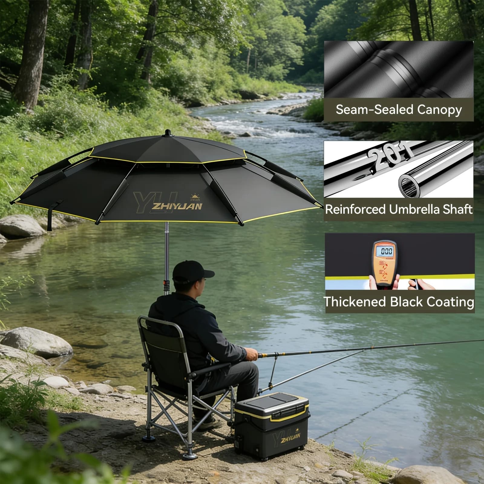 Parapluie pêche perche aléatoire colle noire épaissie 360° réglable acier inox ressort housse