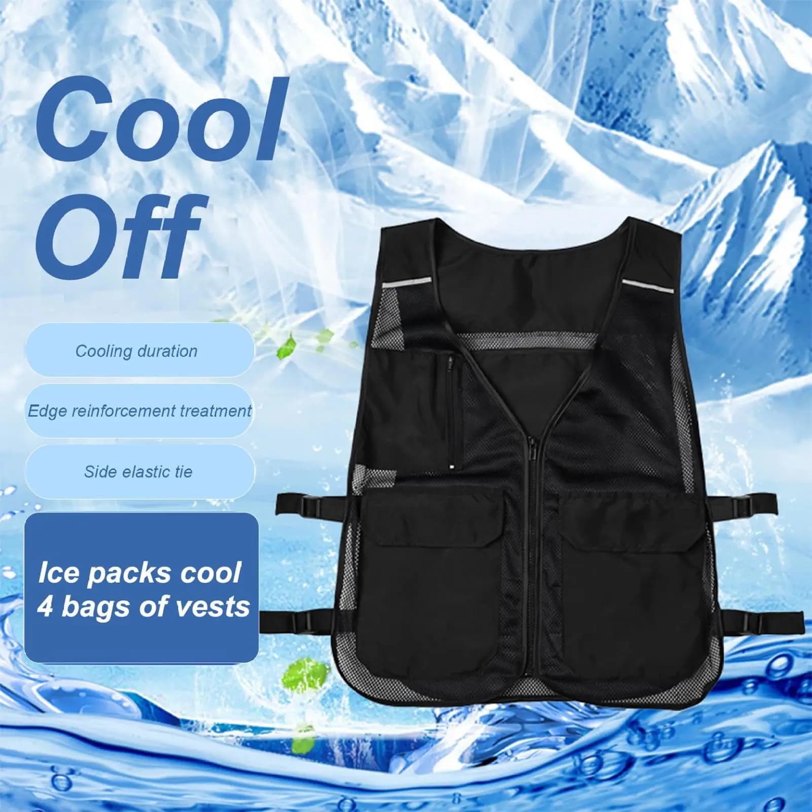 Veste rafraîchissante avec 8 packs de glace ajustable été temps chaud vestes AC réfléchissantes