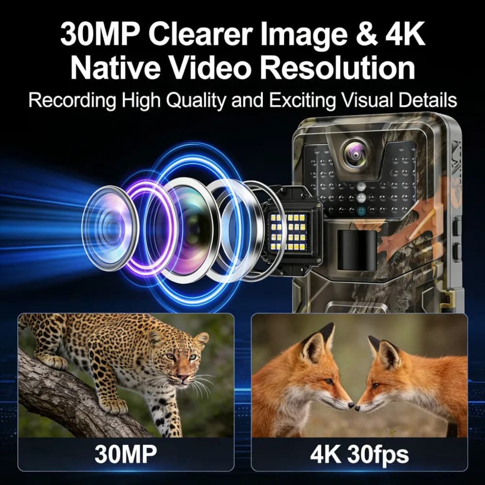 Caméra de chasse 4K WiFi vision nocturne camouflage surveillance faune étanche IP66 sans lueur IR