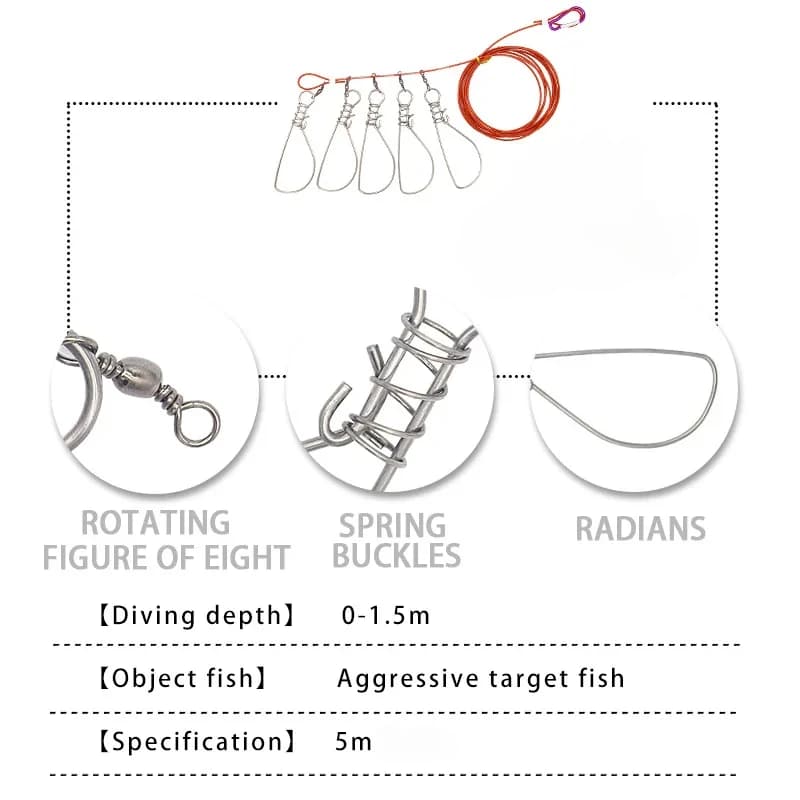 Corde à poissons avec serrure et mousqueton - Lanière inox 5m pour transporter et conserver vos prises
