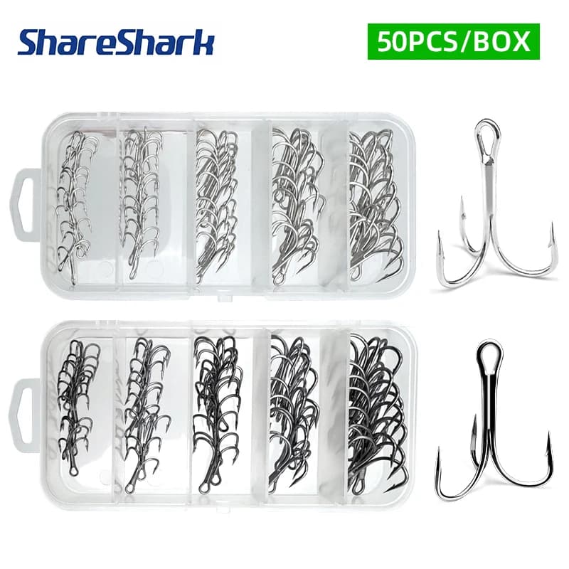 Kit ShareShark 50 hameçons triples acier carbone avec émerillons pour leurres - Hameçons ronds solides