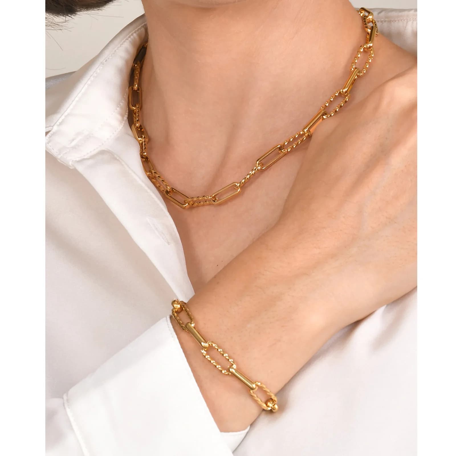 Bracelet chaîne acier inoxydable doré 18K - Twist paperclip ajustable bijou pêche tendance
