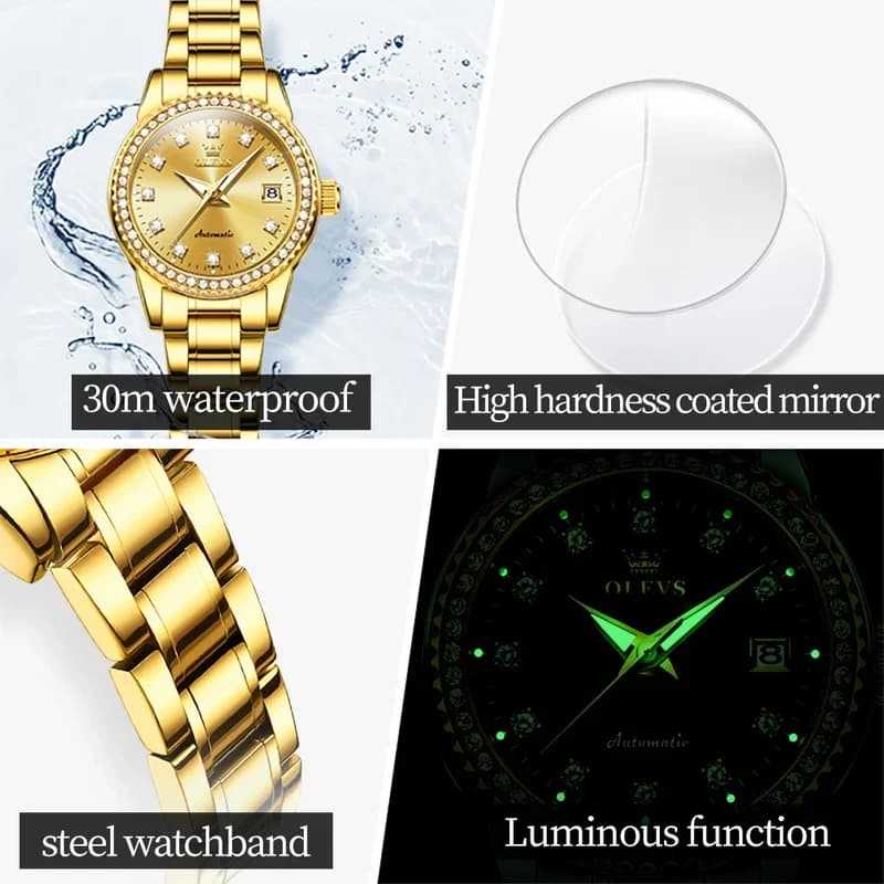Montre automatique femme OLEVS-7003 luxe 2025 - Mécanique étanche calendrier lumineuse bracelet