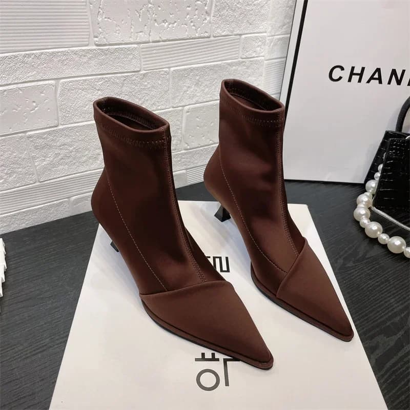 Bottes satin élégantes talons hauts fins - Bottines femme pointues stretch pour soirée pêche