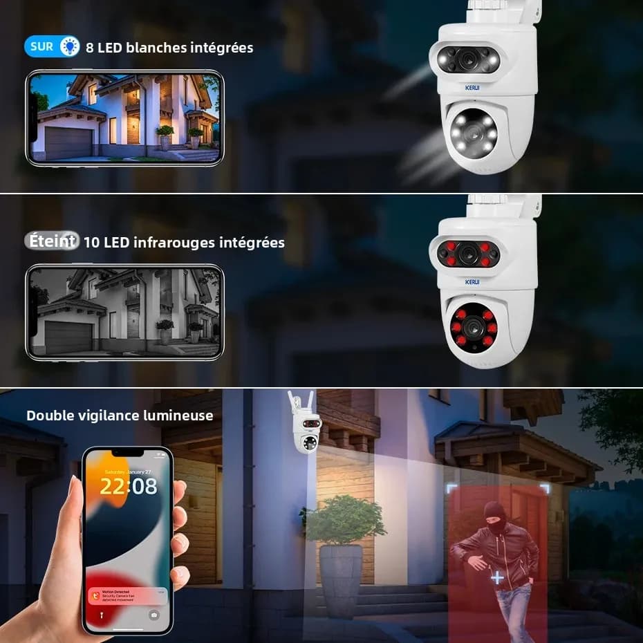 Caméra de sécurité extérieure KERUI 10MP 5K HD WiFi détection humaine PTZ avec double objectif