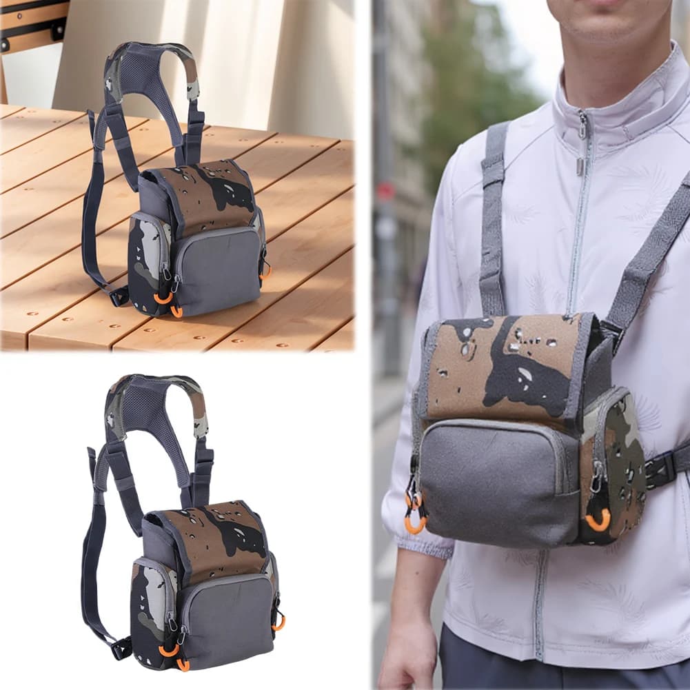 Harnais jumelles pêche camouflage - Étui poitrine réglable avec protection pluie