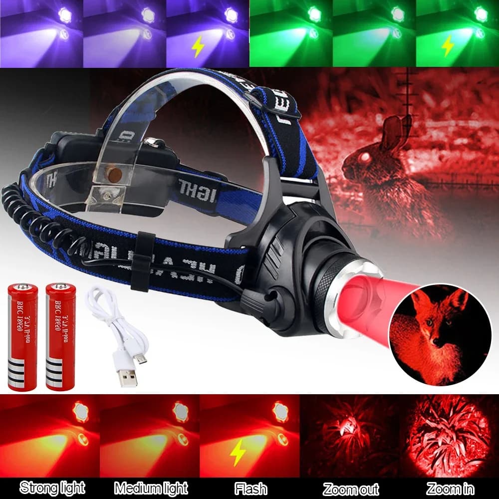 Lampe frontale LED rouge et verte zoomable pour pêche tactique nocturne étanche