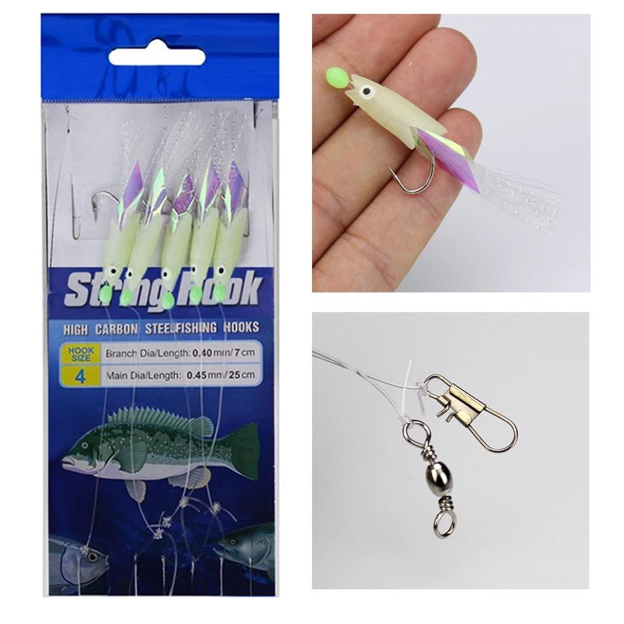 Lot de 10 montages sabiki mer avec peau de poisson réelle et effet luminescent pour pêche du maquereau