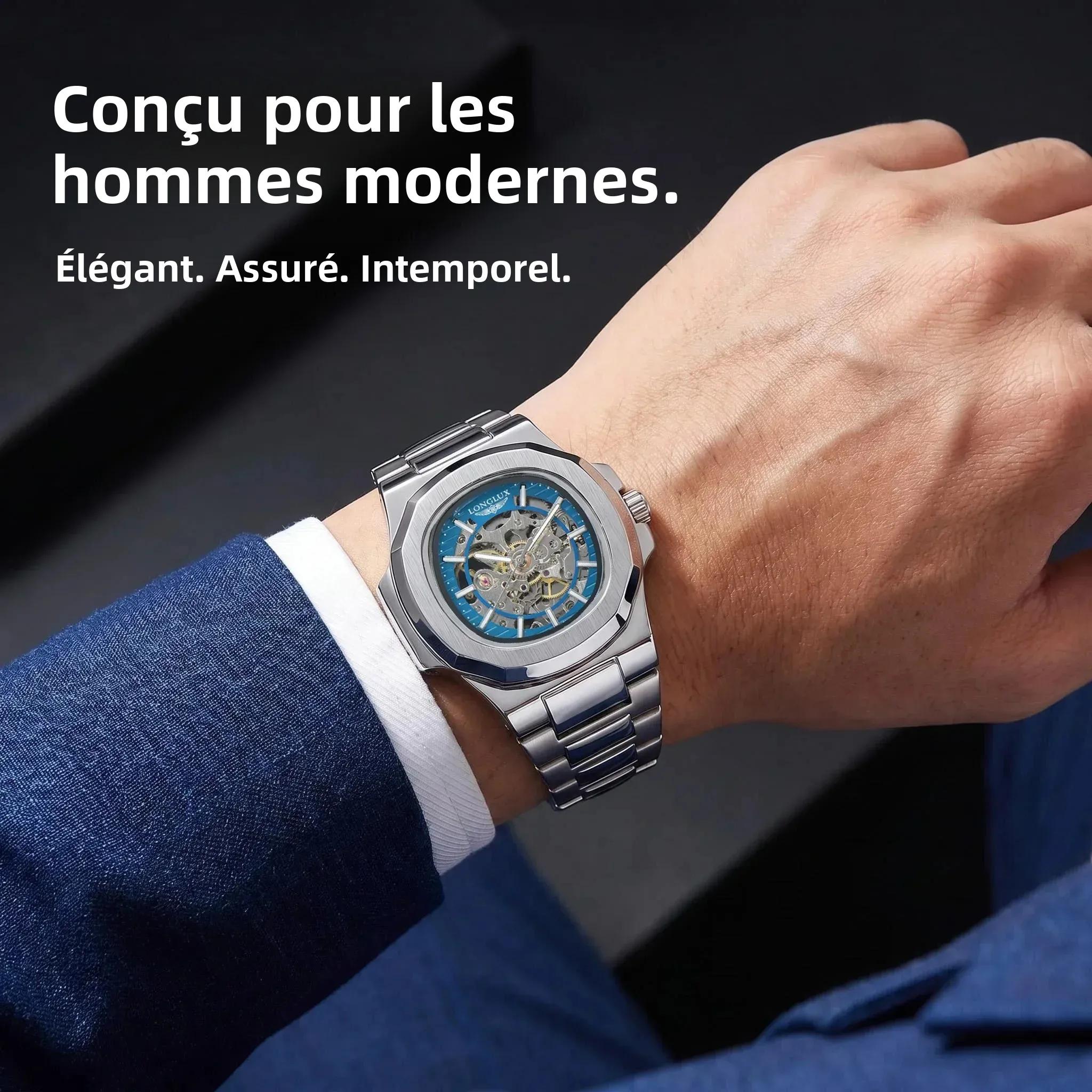Montre automatique mécanique homme LONGLUX luxe squelette étanche acier inoxydable cadeau