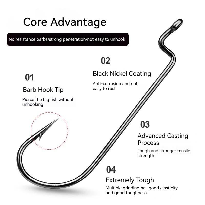 10 hameçons offset pour leurres souples - acier haute carbone pour silure et bass fishing