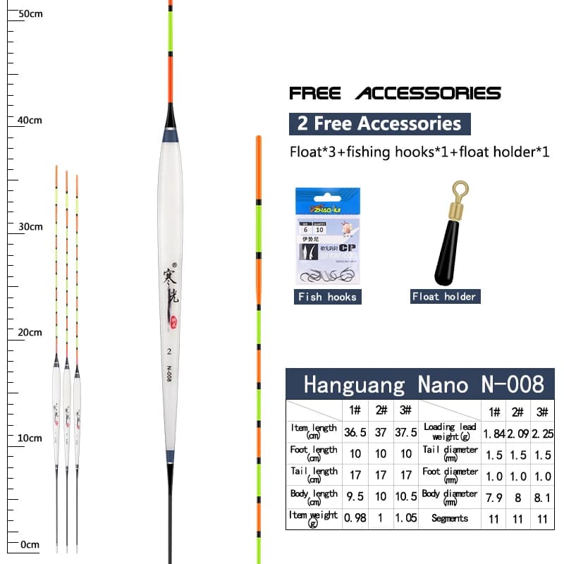 Flotteurs composites nano 3 pièces pour pêche en eau peu profonde lac et rivière, avec queue dure