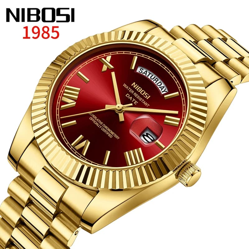 Montre homme luxe NIBOSI acier inoxydable étanche quartz rouge doré cadran numérique date semaine