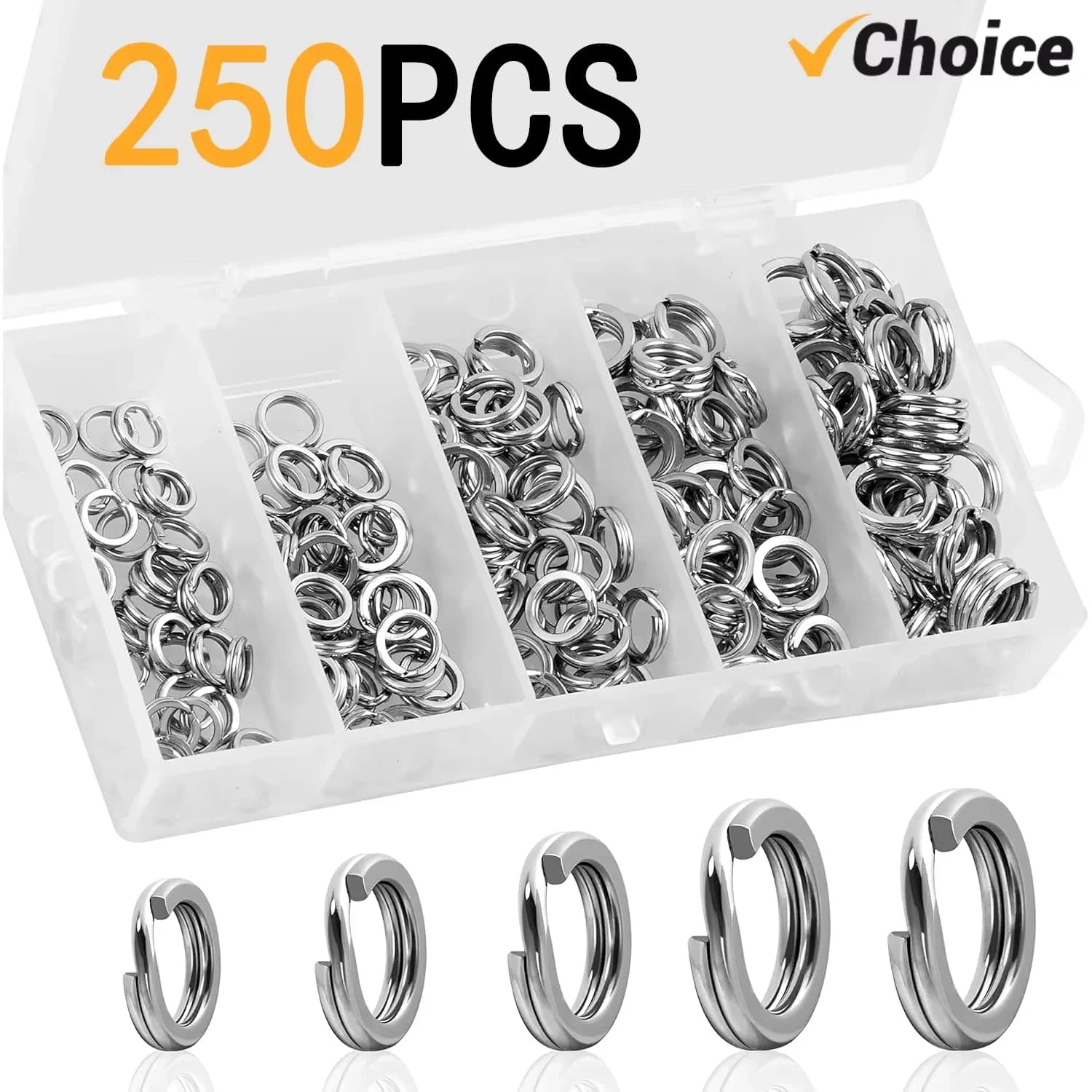 Lot de 200 à 250 anneaux split pêche inox haute résistance pour leurres et boîte à matériel