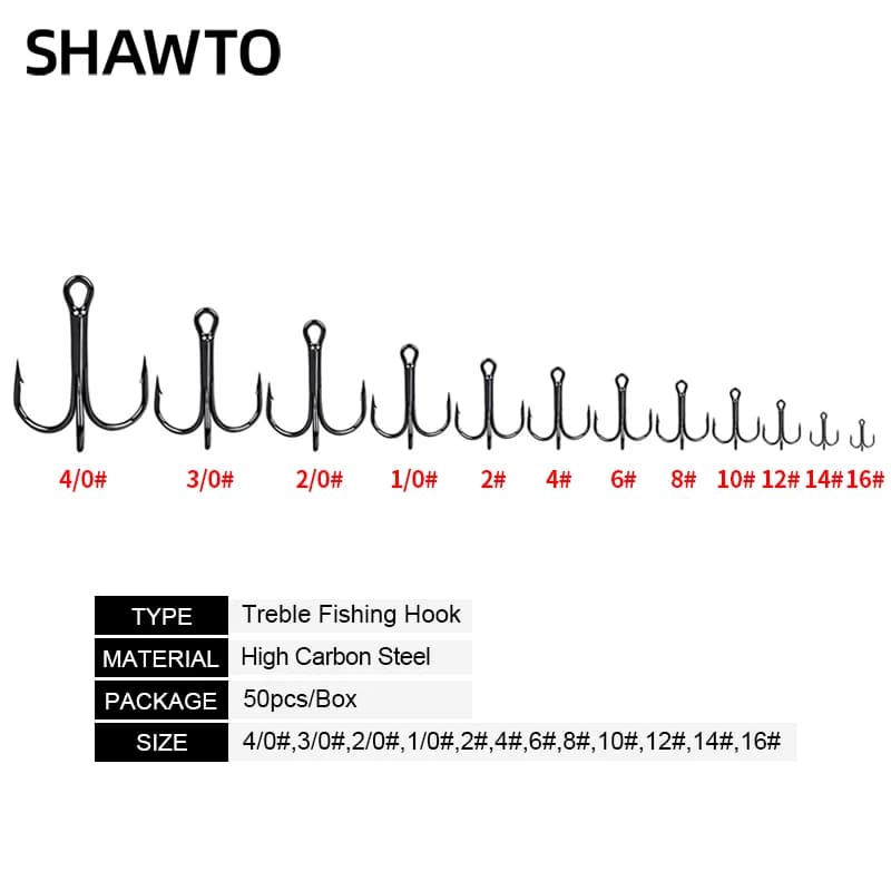 Shawto 50 hameçons triples acier carbone barbelés - Matériel pêche complet en boîte pratique