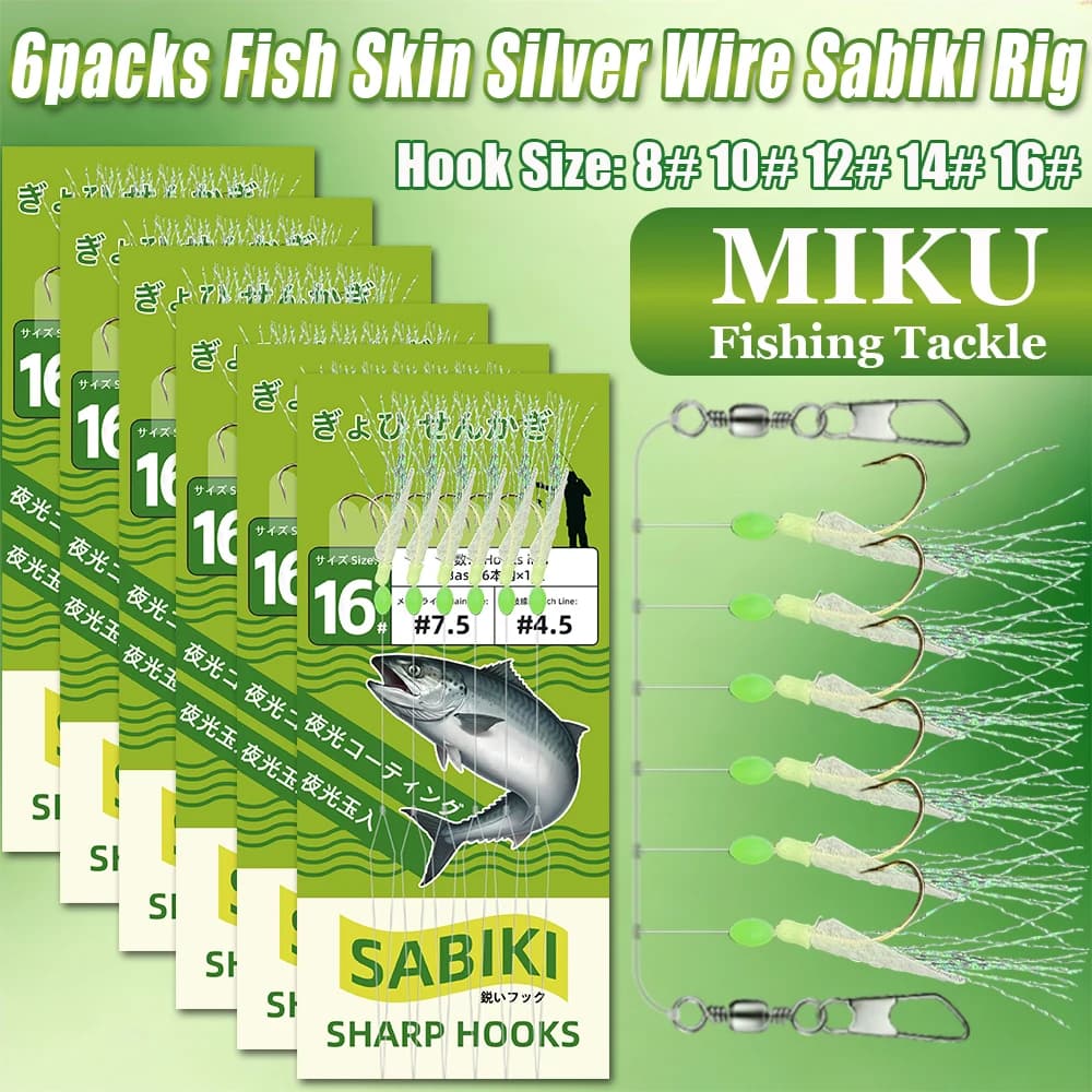6 montages sabiki avec perles lumineuses pour appâter maquereaux et sardines en pêche en mer