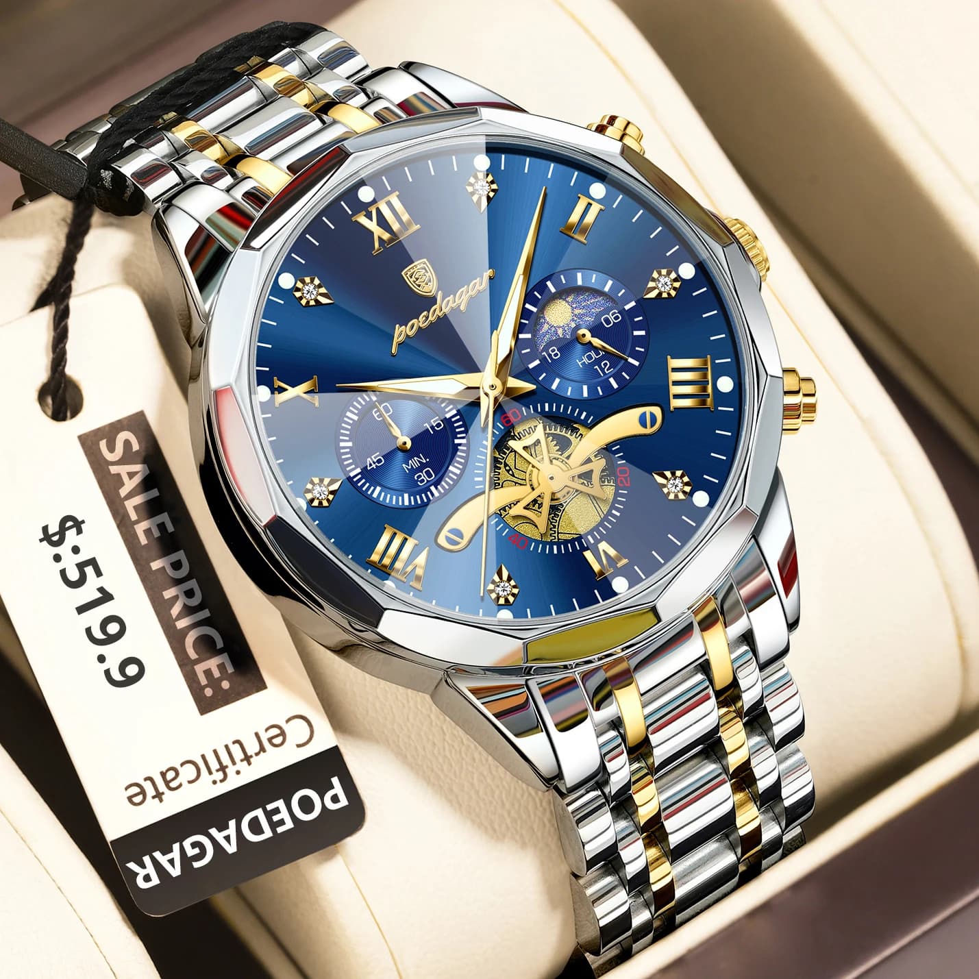 Montre homme luxe POEDAGAR étanche chronographe avec cadran romain et bracelets acier inoxydable