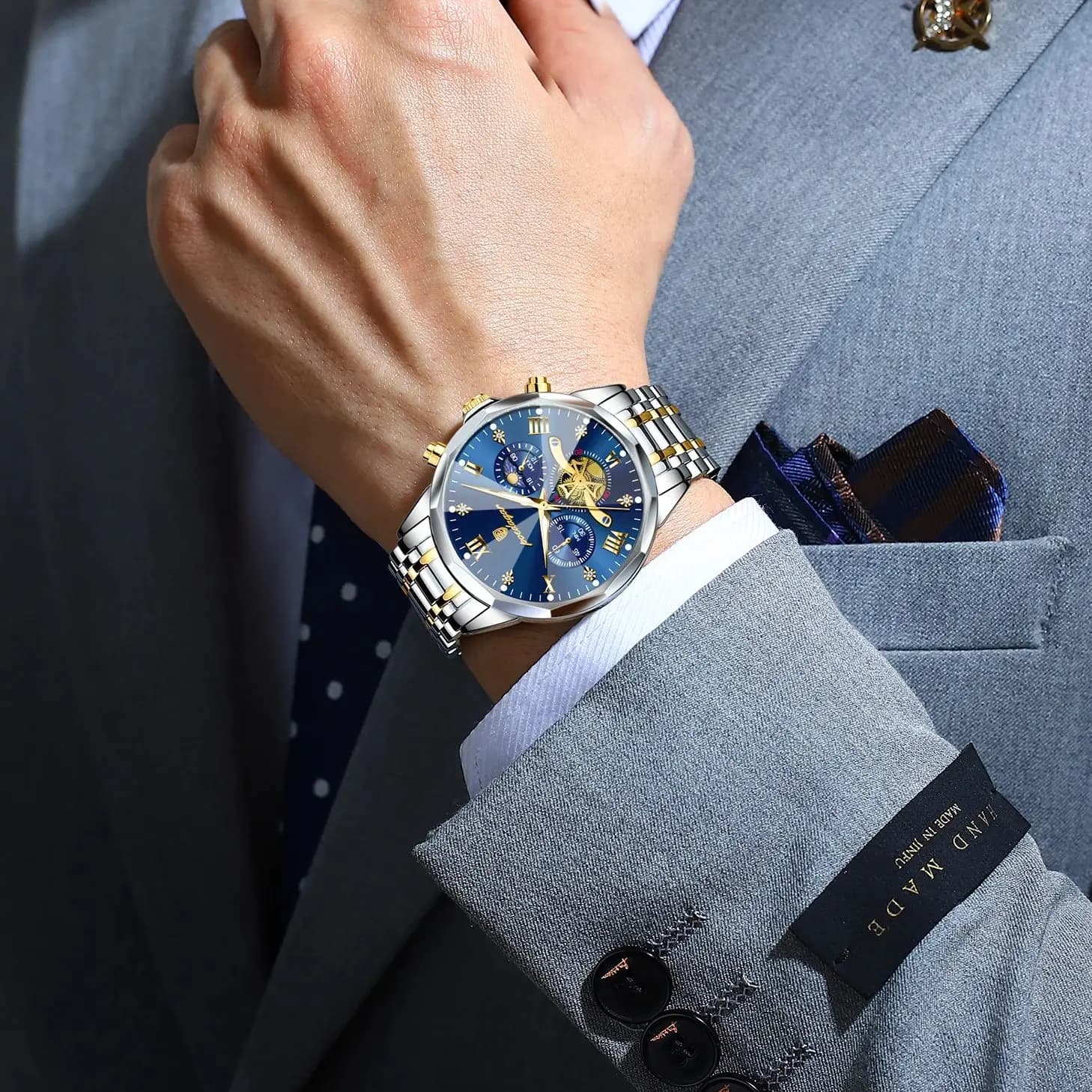 Montre homme luxe POEDAGAR étanche chronographe avec cadran romain et bracelets acier inoxydable