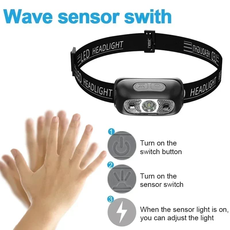 Lampe frontale LED portable détecteur USB rechargeable pêche camping urgences étanche