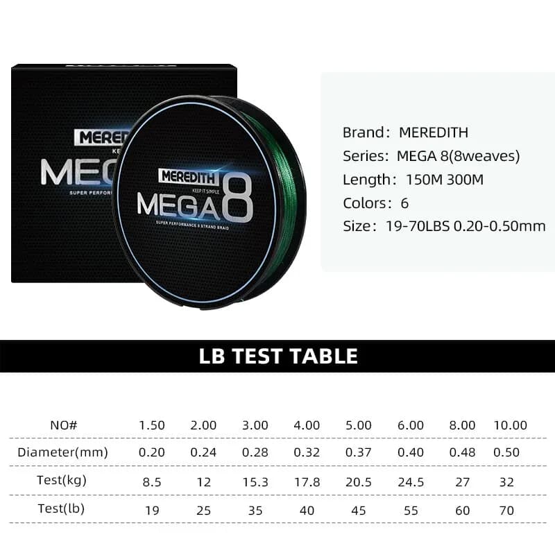 MEGA8 Fil de pêche 8 brins MEREDITH 150M - Ligne tressée polyéthylène pour carpe haute résistance