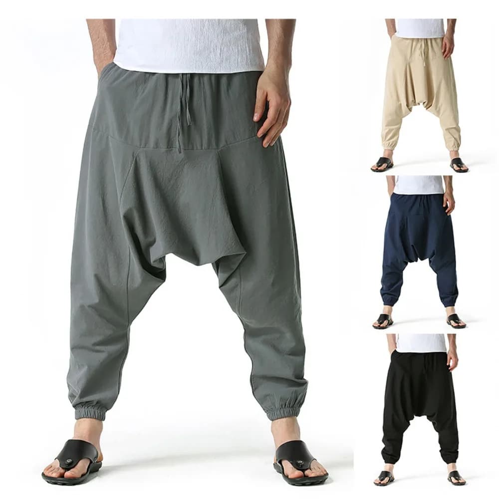 Pantalon harem homme coton lin baggy oversize loose jogger pêche confort yoga