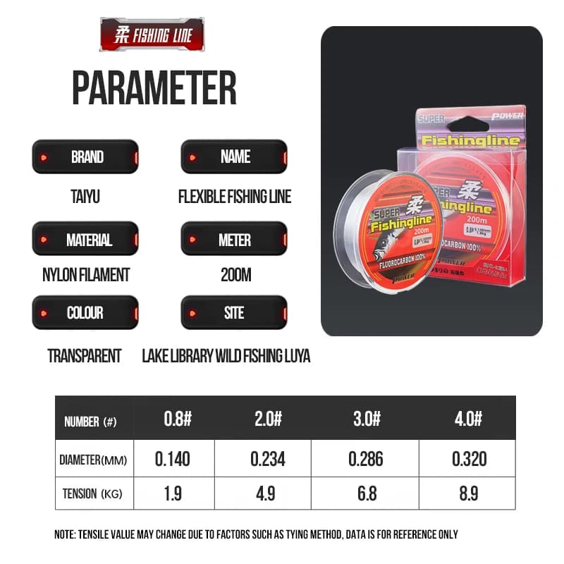 Ligne de pêche TAIYU 200M nylon fluorocarbone 4-20LB monofilament durable pour tous usages