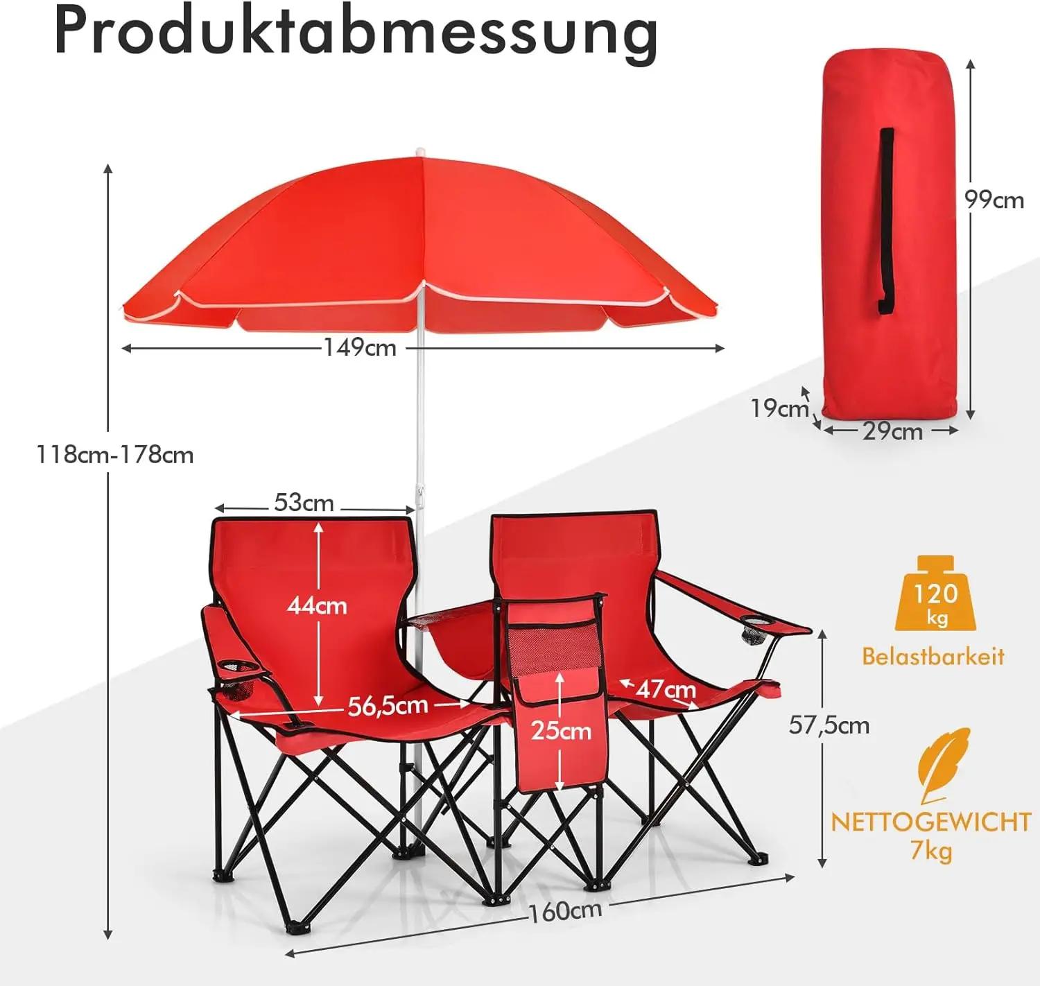 Siège pêche 2 places avec parasol glacière et porte-gobelet pliant pour camping plage