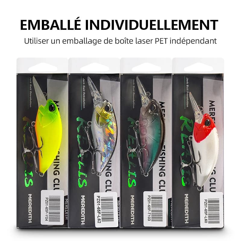 Leurre de pêche flottant MEREDITH JERK CRANK M65 14g, appât dur wobbleur pour carnassiers, profondeur 2-2.5m,