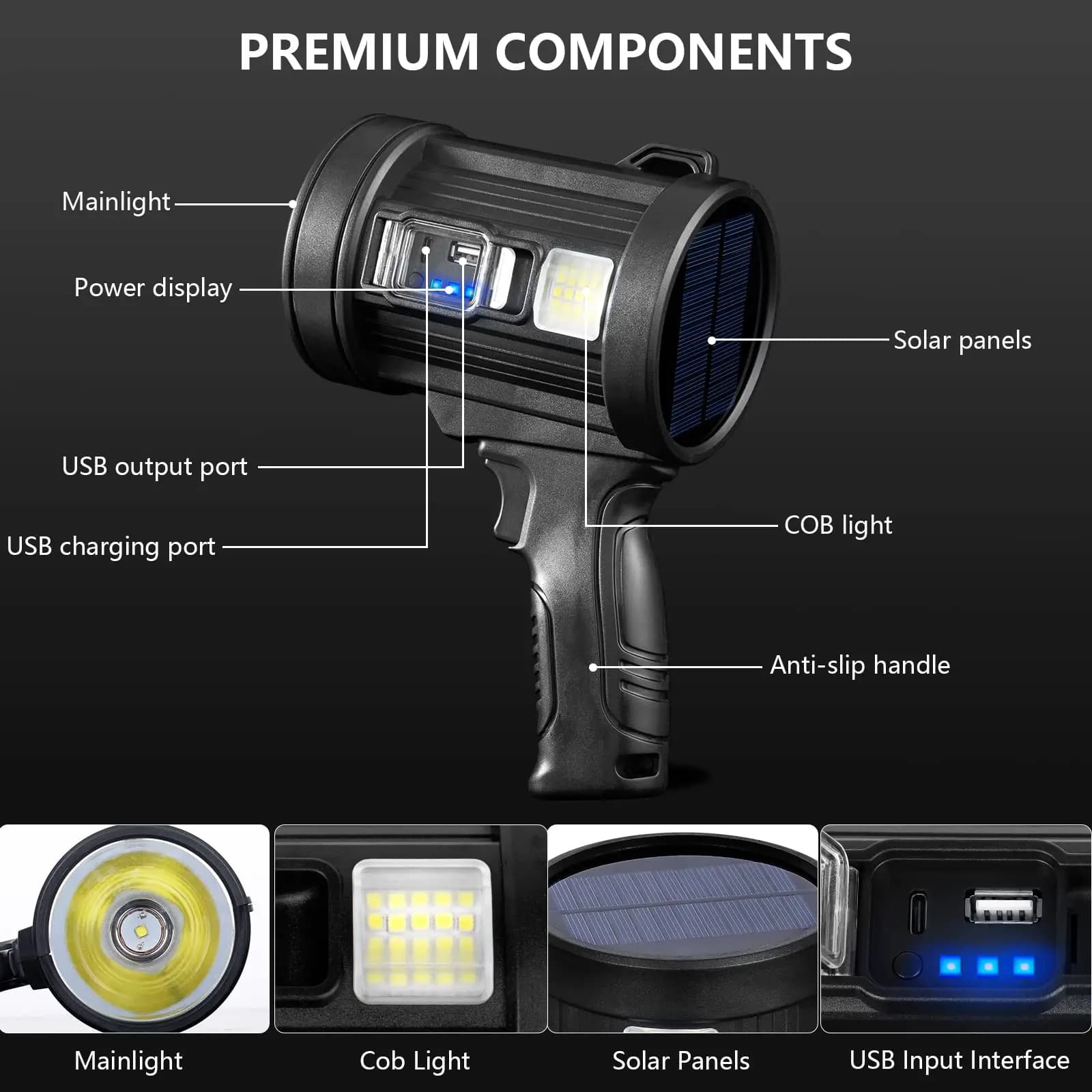 Projecteur rechargeable 1 million de lumens pour pêche - Éclairage puissant avec panneau solaire