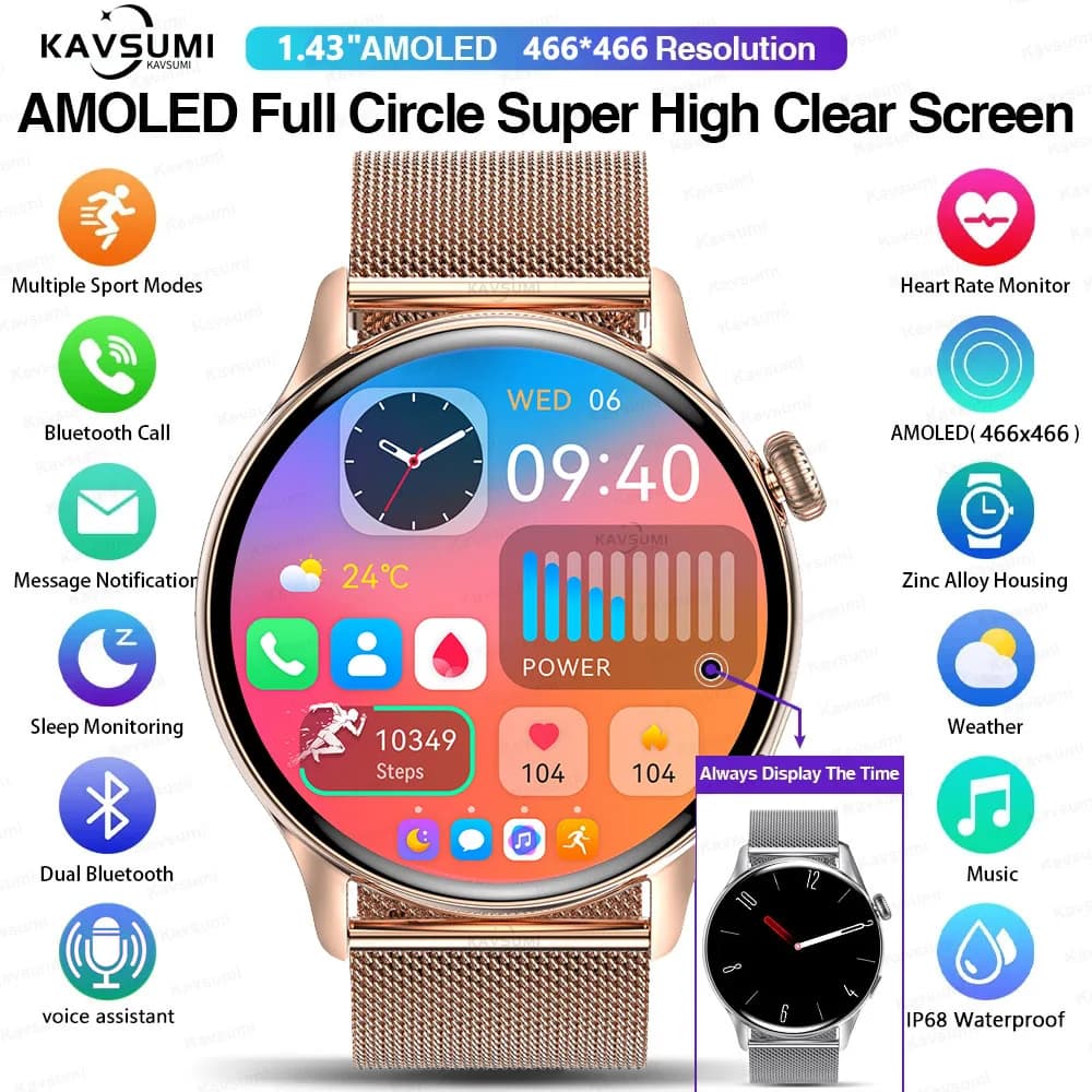 Montre connectée femme 2026 écran AMOLED GPS suivi sport monitoring cardiaque étanche cadeau féminin