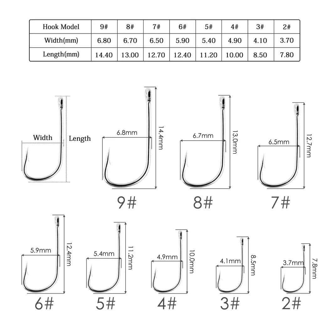 100 hameçons de pêche mer extra longs en acier inoxydable blanc avec œillet pour boîte de pêche