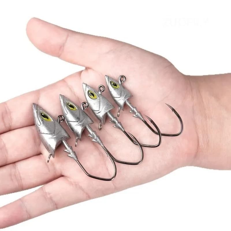 5 hameçons plombés mer avec tête de poisson simulée 14g 21g 28g 42g pour bar dorade