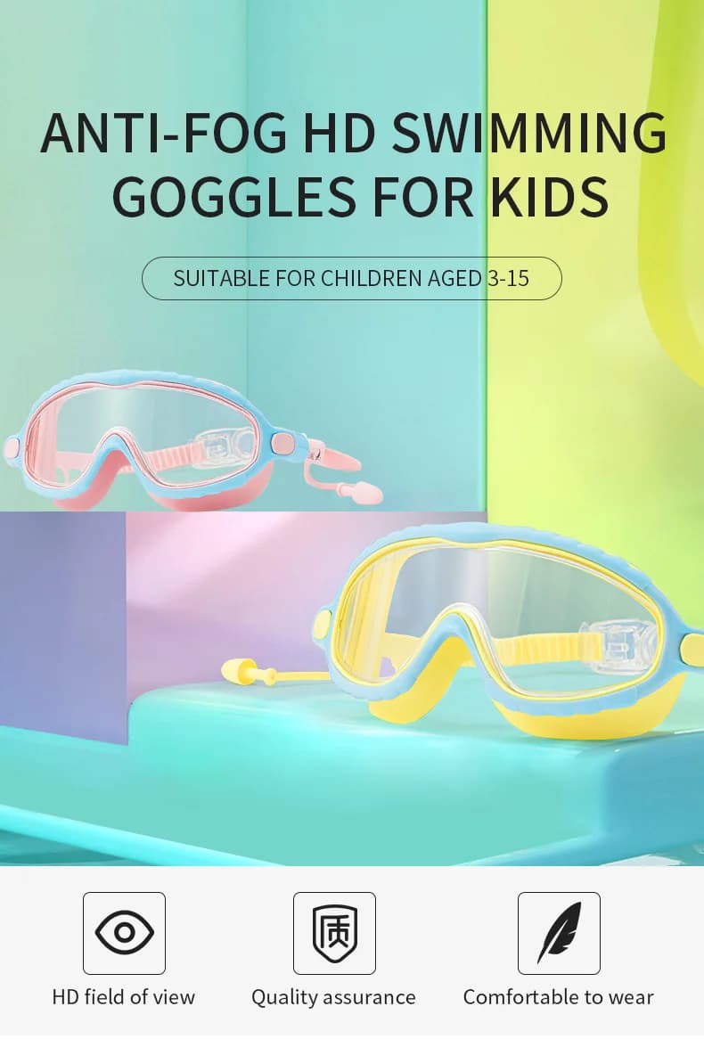 Lunettes de natation enfant 3-15 ans grande monture HD vision anti-buée étanches confortables