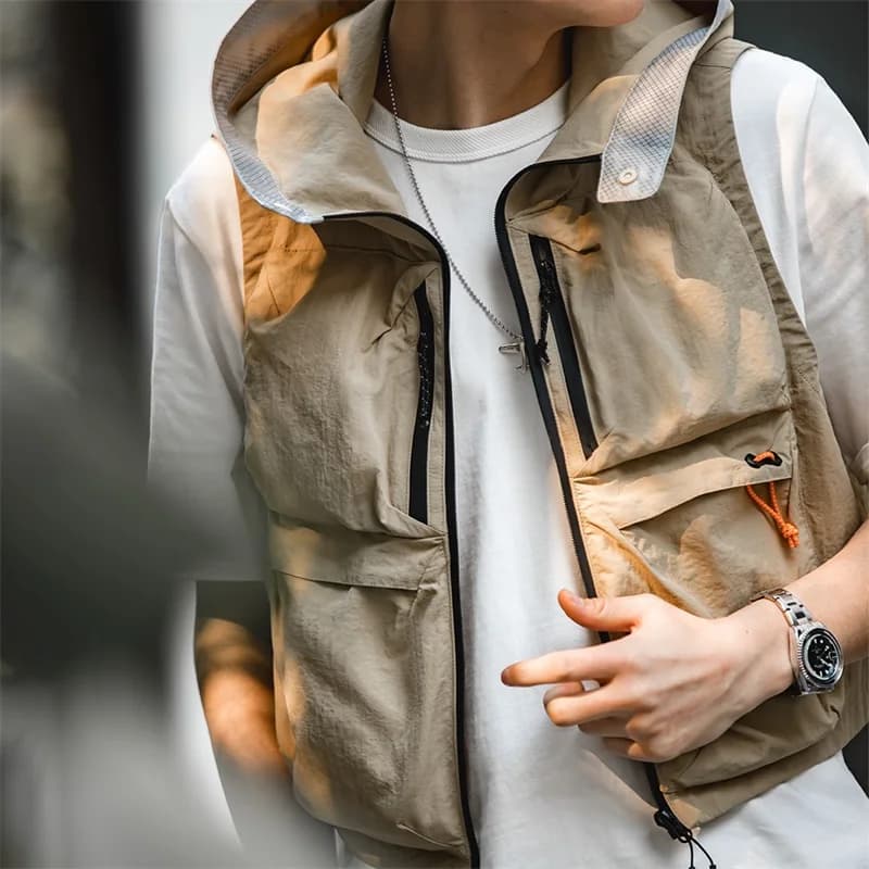 Veste de pêche sans manches Maden Outdoor Quick Dry - Multi-poches avec capuche pour camping et chasse