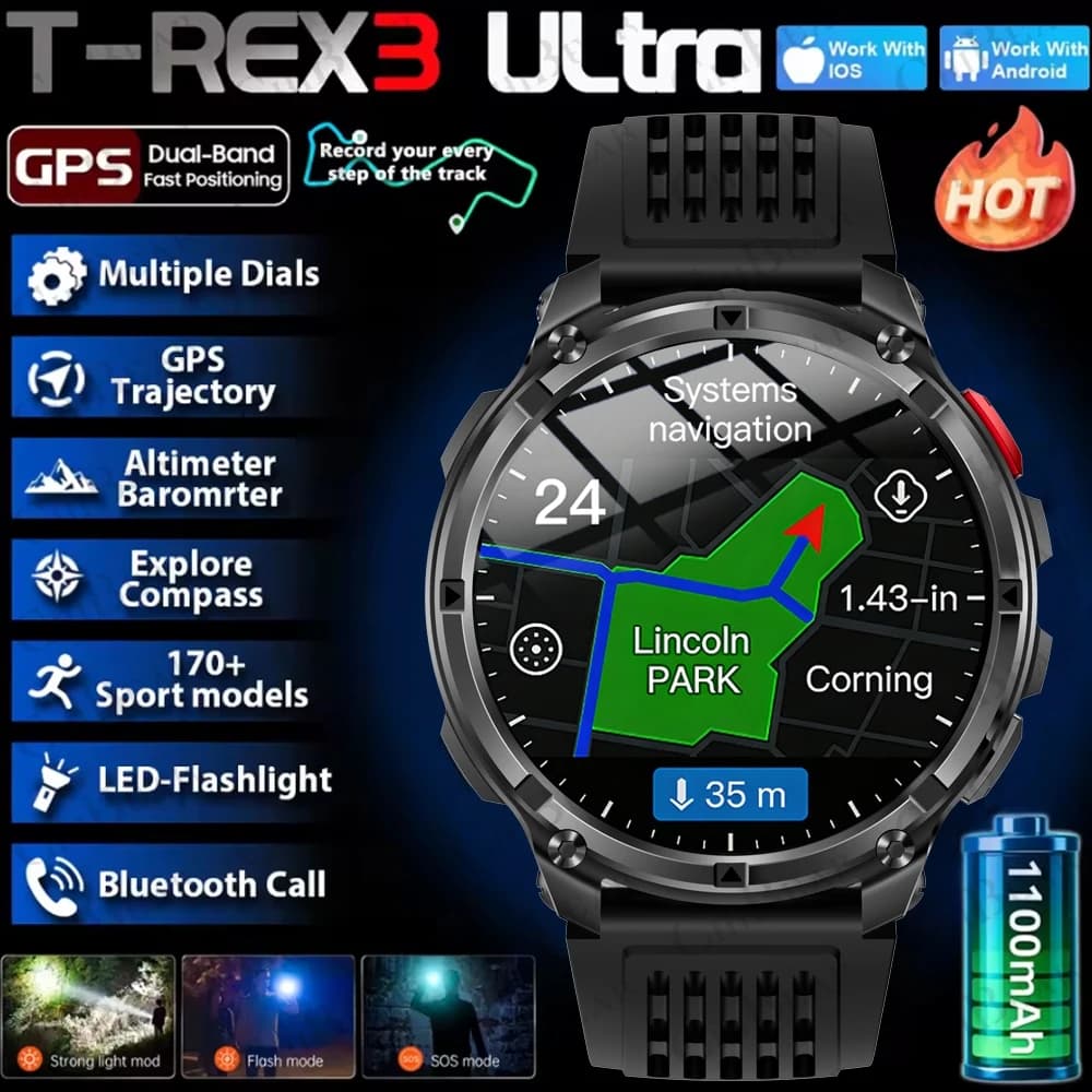 Smartwatch T-Rex3 Pro 1100mAh étanche 5ATM GPS - Montre militaire pour pêche sportive extrême
