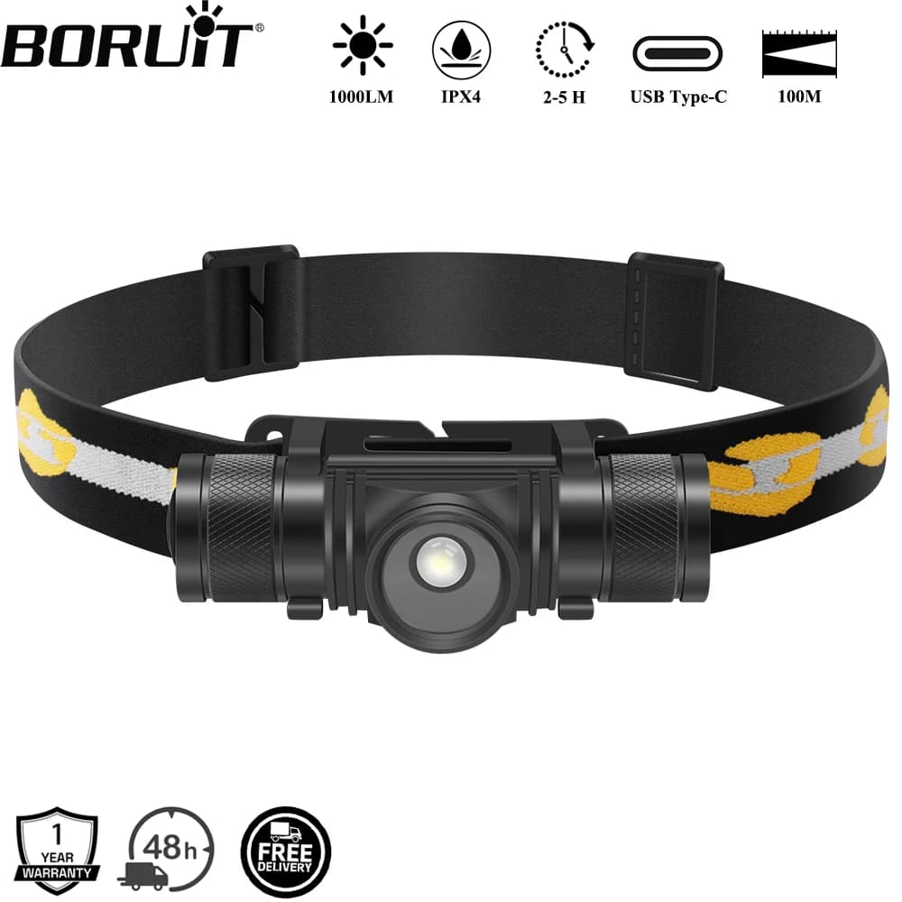 Frontale BORUiT D20 zoomable 1000lm rechargeable USB-C étanche pour pêche et camping nocturne