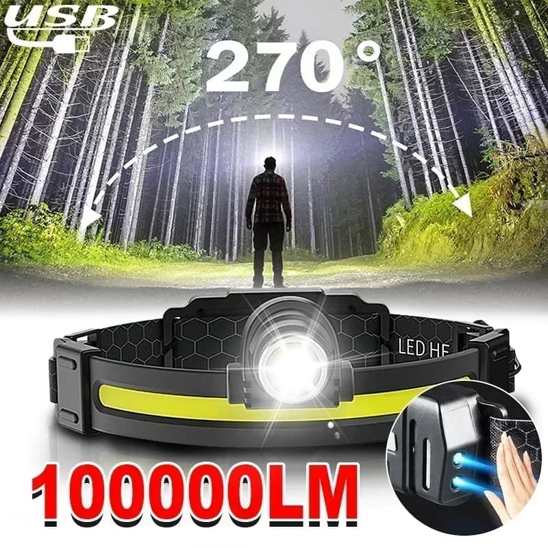 Lampe frontale puissante LED 7 modes XPE+COB avec capteur pour pêche chasse et activités outdoor