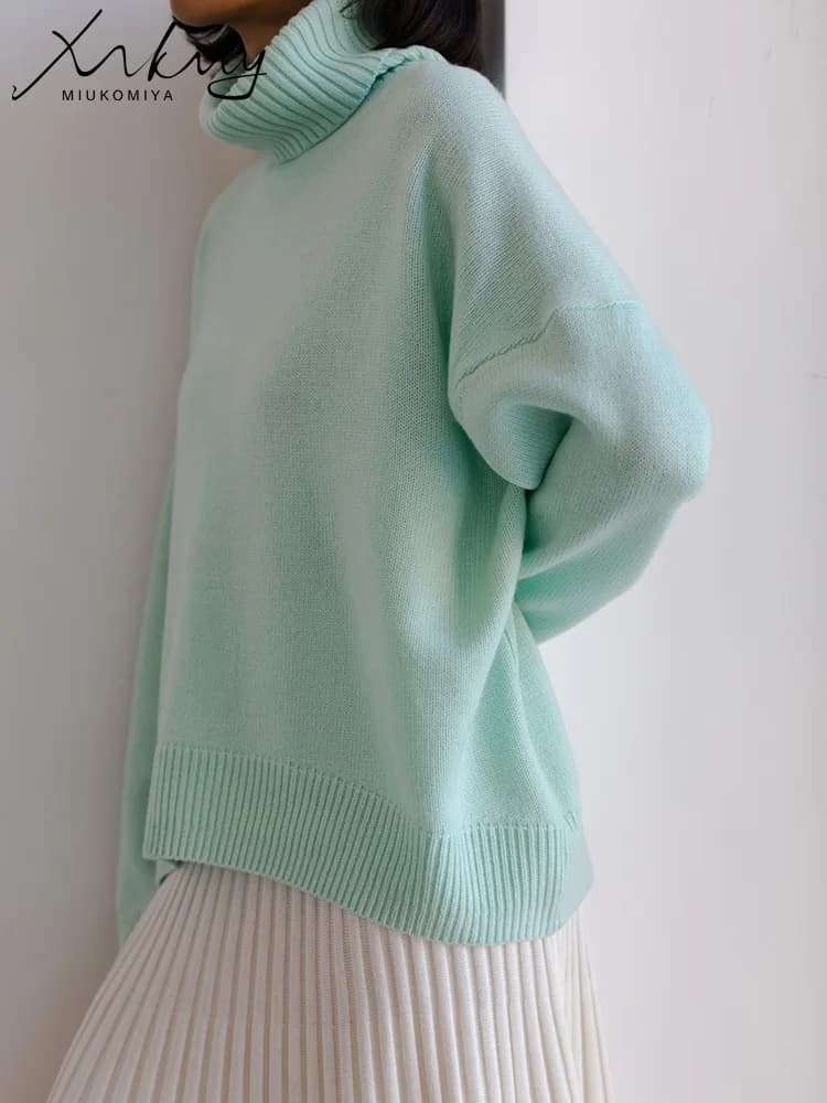 Pull col roulé femme gris foncé épais et chaud - Pullover d'hiver tricoté oversize