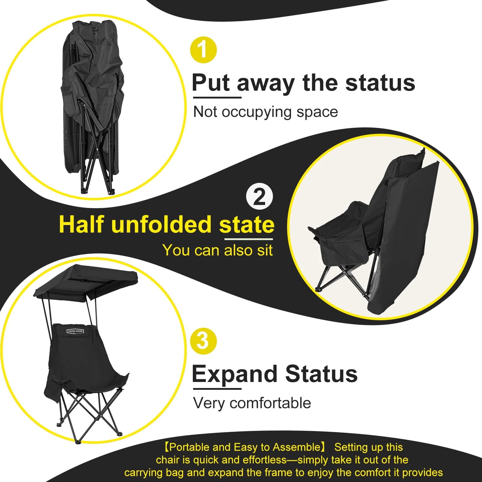 2 chaises pliantes noires design unique pour pêche et camping - Matériaux qualité supérieure résistants