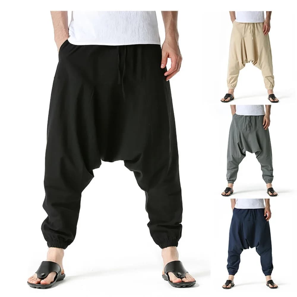 Pantalon harem homme coton lin baggy oversize loose jogger pêche confort yoga