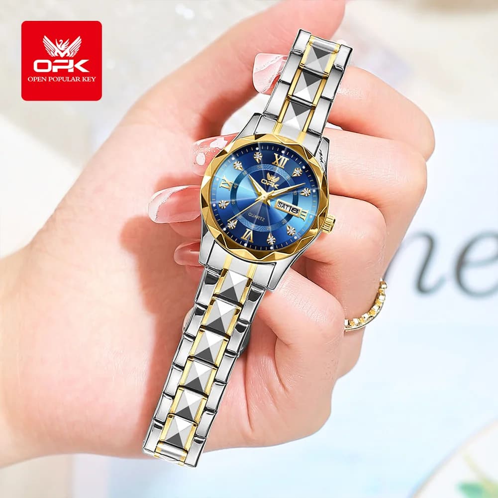 Montre femme OPK acier quartz double calendrier étanche avec éclairage nocturne - Modèle 6023
