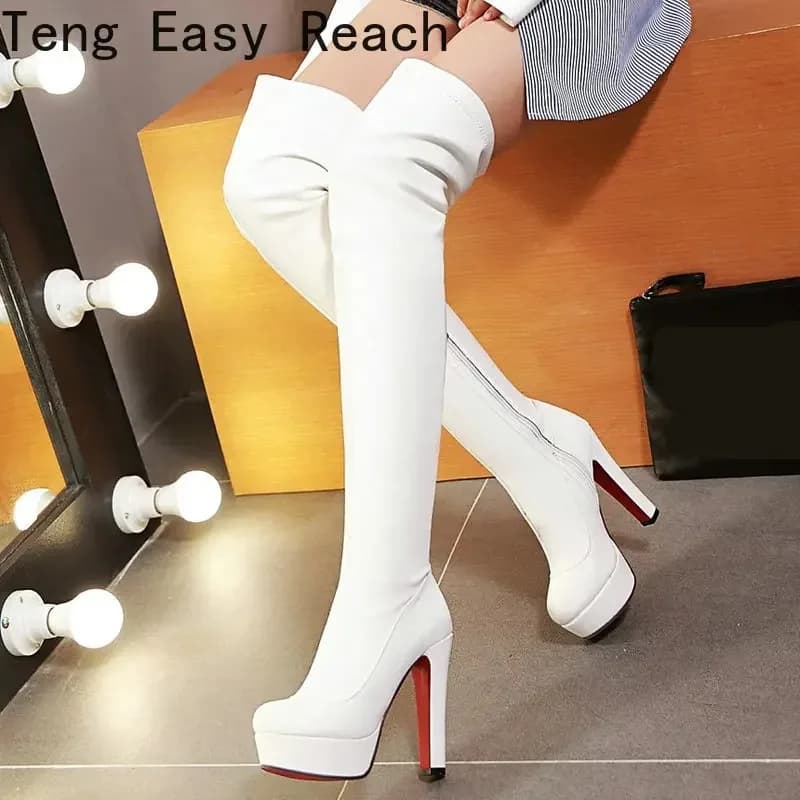 Bottes genou blanches plateforme femmes cuir PU stretch talon carré haut zip automne hiver pêche